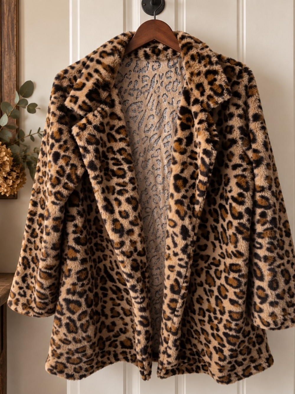 Leopard Print Faux Fur Teddy Coat Lightweight Plush Jacket 22" PTP